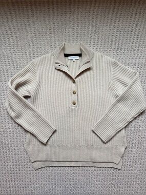 White + Warren Beige Ribbed Cowl-Neck Button Pullover